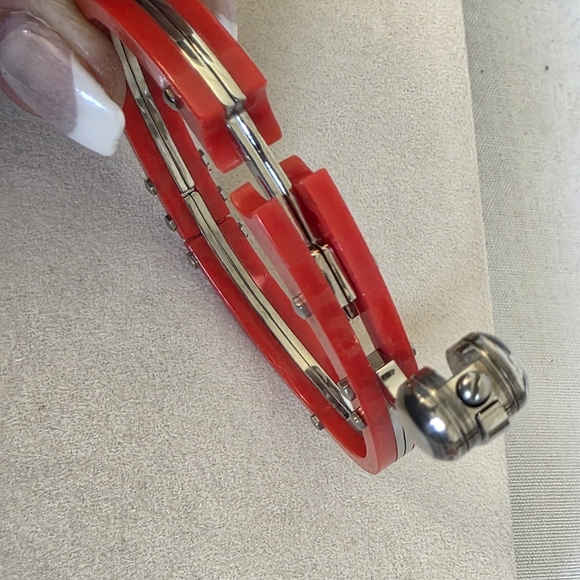 Unique Red Acrylic and Silver Stainless Steel Handcuff Style Bracelet - Picture 9 of 12